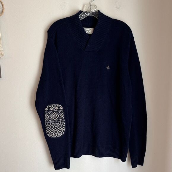 Penguin Dark Blue V-Neck Lambs wool Sweater Geometric Elbow Patch grandpa XL GUC - Picture 1 of 7